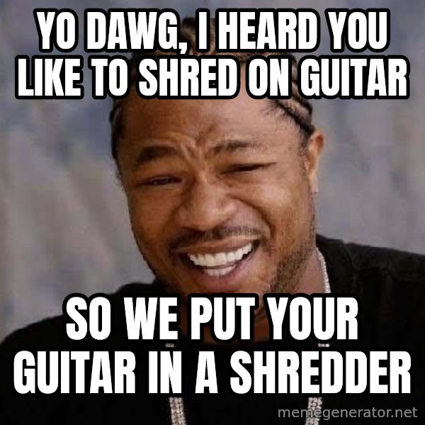 Yo Dawg meme: yo dawg, i heard you like to shred on guitar / so we put your guitar in a shredder