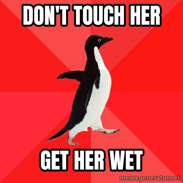 Socially Awesome Penguin meme: don't touch her / get her wet