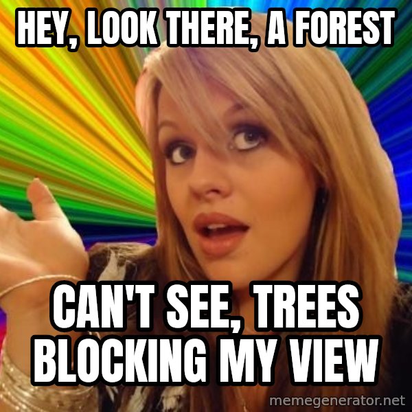 Dumb Blonde meme: Hey, look there, a forest / can't see, trees blocking my view