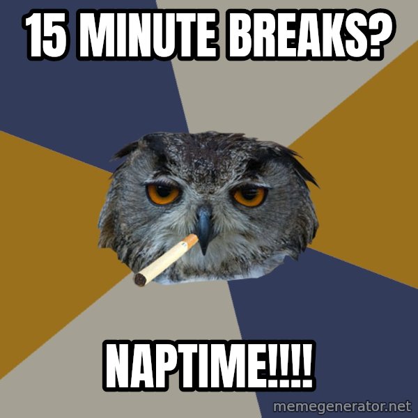 Art Student Owl meme: 15 minute breaks? / Naptime!!!!