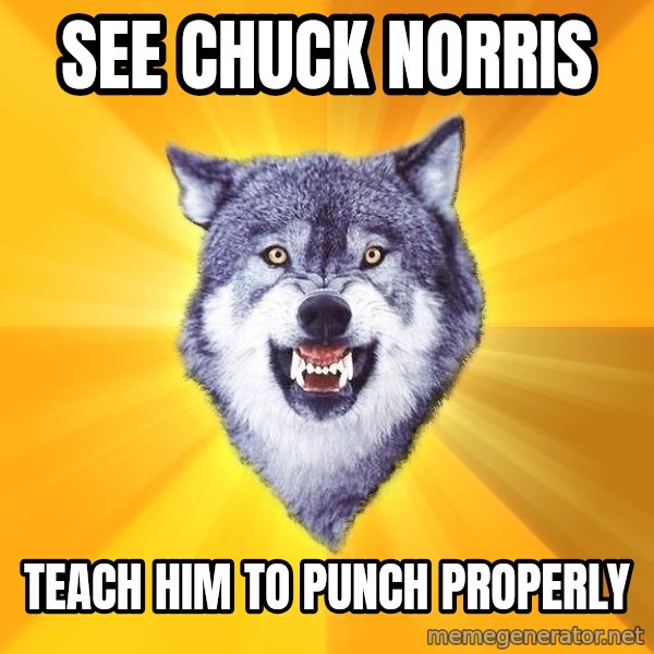 Courage Wolf meme: see chuck norris / teach him to punch properly