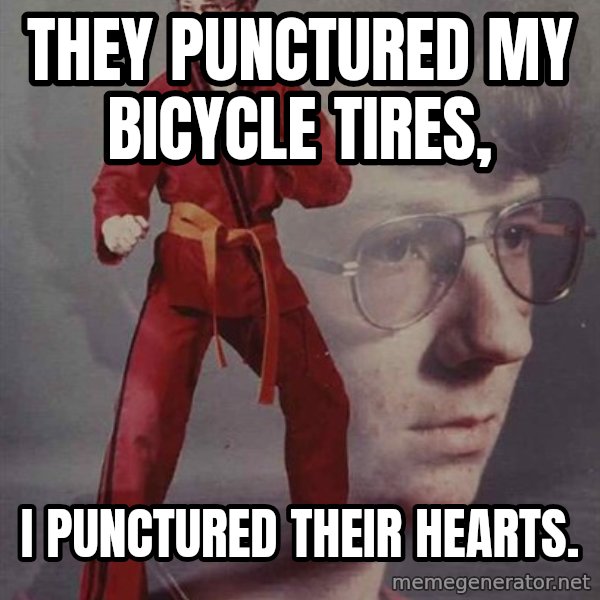 PTSD Karate Kyle meme: They punctured my bicycle tires, / I punctured their hearts.