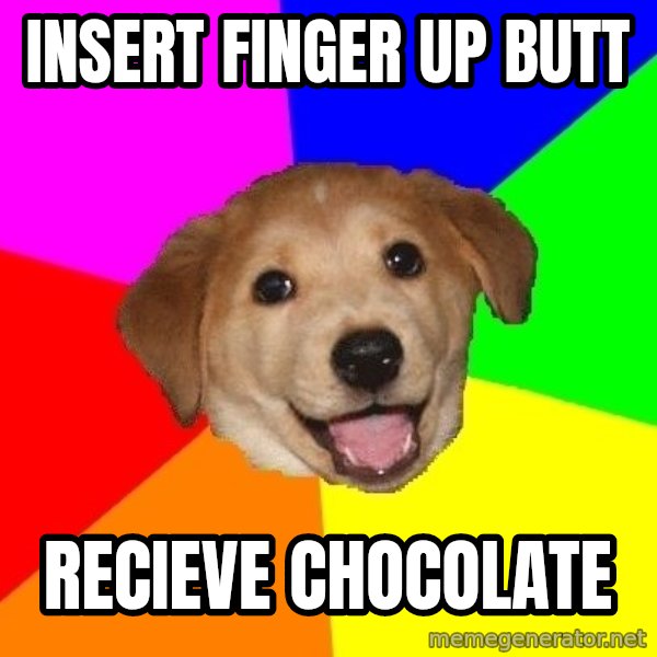Advice Dog meme: INsert finger up butt / recieve chocolate