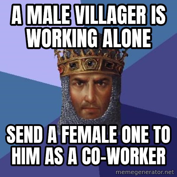 Age Of Empires meme: a male villager is working alone / send a female one to hım as a co-worker
