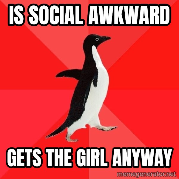 Socially Awesome Penguin meme: is social awkward / gets the girl anyway