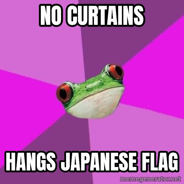 Foul Bachelorette Frog meme: No curtains / Hangs Japanese flag