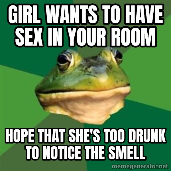 Foul Bachelor Frog meme: girl wants to have sex in your room / hope that she's too drunk to notice the smell