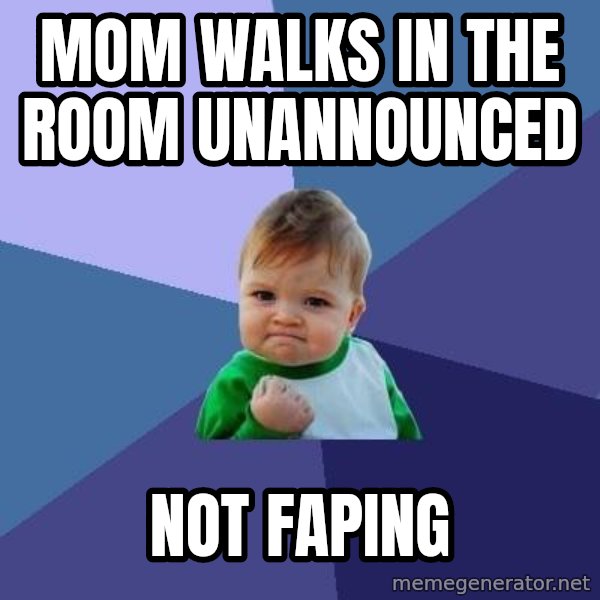 Success Kid meme: mom walks in the room unannounced / not faping