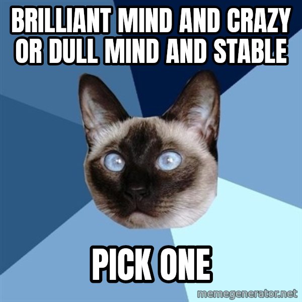 Chronic Illness Cat meme: brilliant mind and crazy or dull mind and stable / pick one