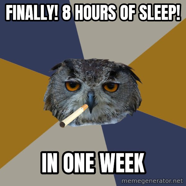 Art Student Owl meme: FINALLY! 8 HOURS OF SLEEP! / IN ONE WEEK