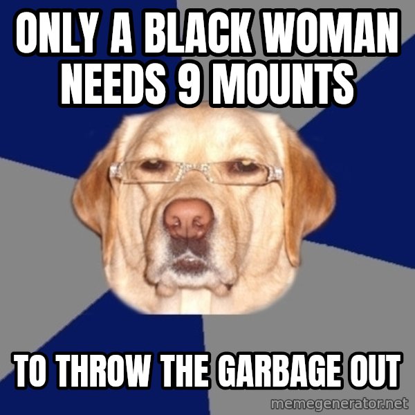 Racist Dog meme: Only a black woman needs 9 mounts / to throw the garbage out