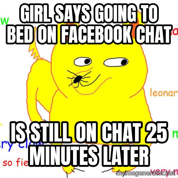 Forever Alone meme: girl says going to bed on facebook chat / is still on chat 25 minutes later