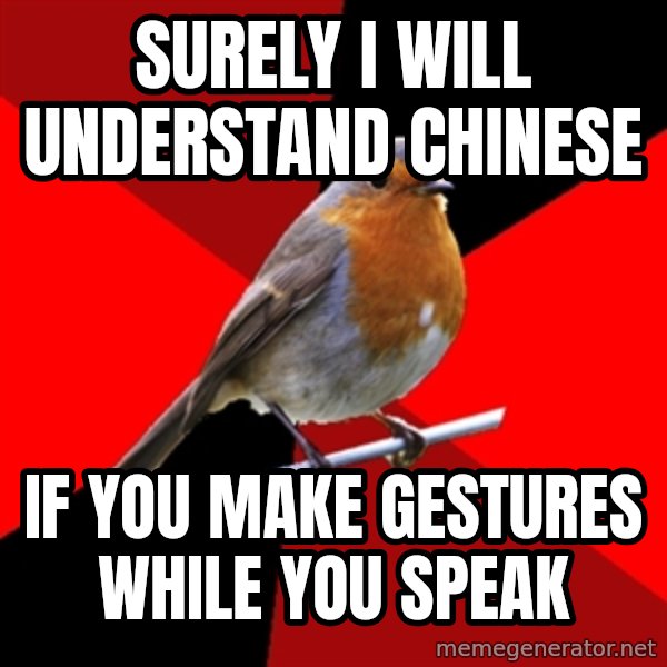 Retail Robin meme: surely I will understand chinese / if you make gestures while you speak