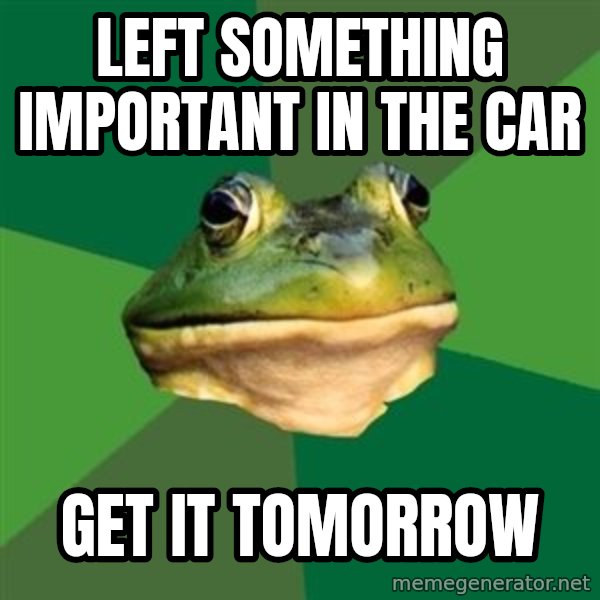 Foul Bachelor Frog meme: Left something important in the car / get it tomorrow