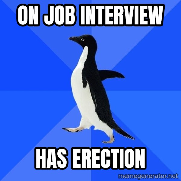 Socially Awkward Penguin meme: On JOB INTERVIEW / hAS ERECTION