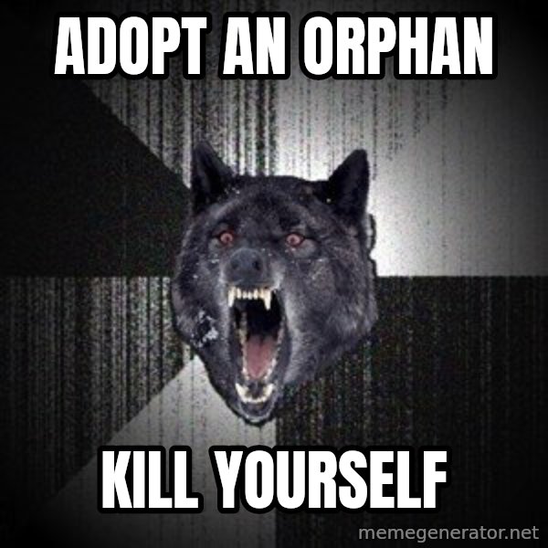 Insanity Wolf meme: adopt an orphan / kill yourself