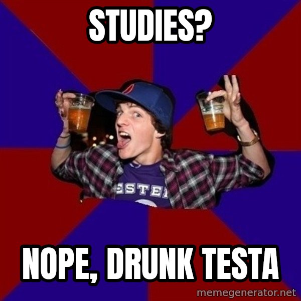 Sunny Student meme: Studies? / Nope, drunk testa