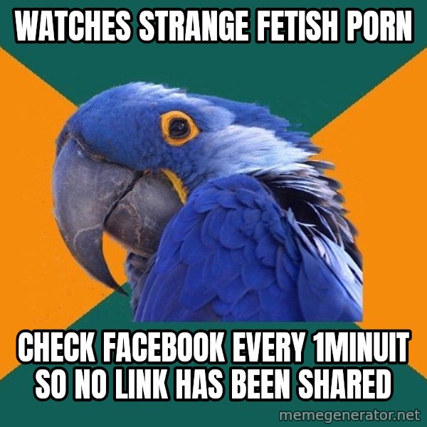 Paranoid Parrot meme: Watches strange fetish porn / Check facebook every 1minuit so no link has been shared