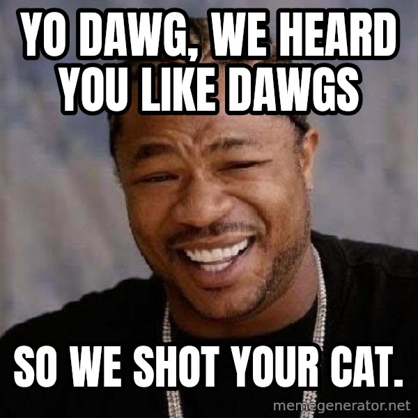 Yo Dawg meme: yo dawg, we heard you like dawgs / so we shot your cat.