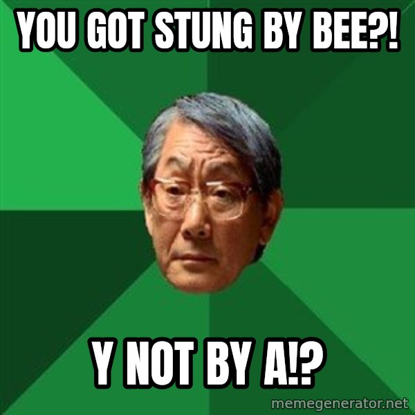 High Expectations Asian Father meme: You got stung by bee?! / Y not by A!?
