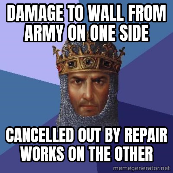 Age Of Empires meme: DAMAGE TO WALL FROM ARMY ON ONE SIDE / CANCELLED OUT BY REPAIR WORKS ON THE OTHER