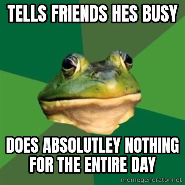 Foul Bachelor Frog meme: tells friends hes busy / does absolutley nothing for the entire day
