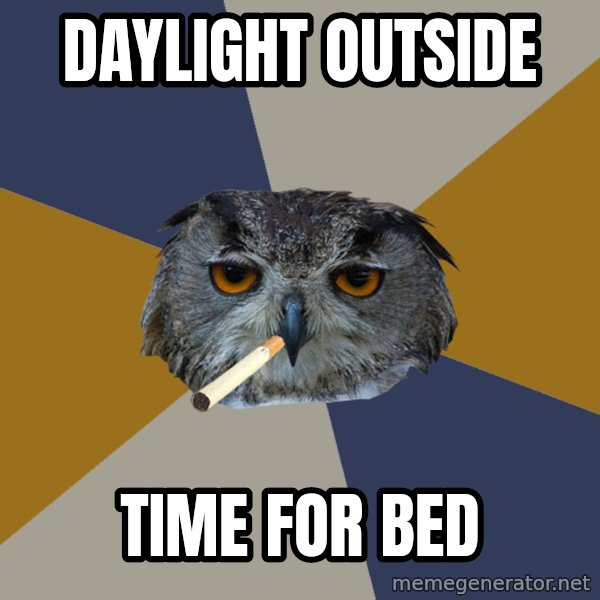 Art Student Owl meme: daylight outside / time for bed