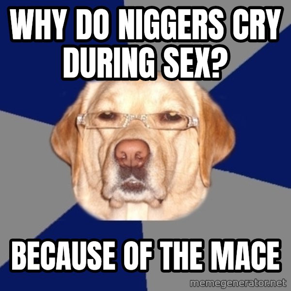 Racist Dog meme: Why do niggers cry during sex? / Because of the mace