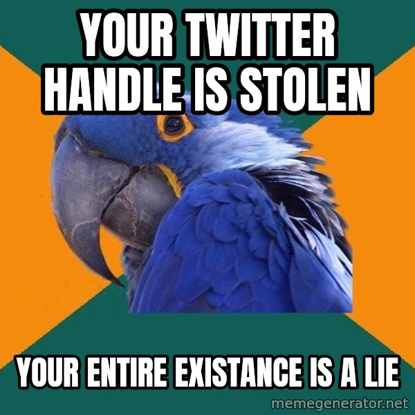 Paranoid Parrot meme: Your Twitter Handle is stolen / your entire existance is a lie