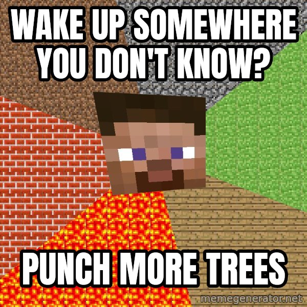 Minecraft Guy meme: Wake up somewhere you don't know? / punch more trees