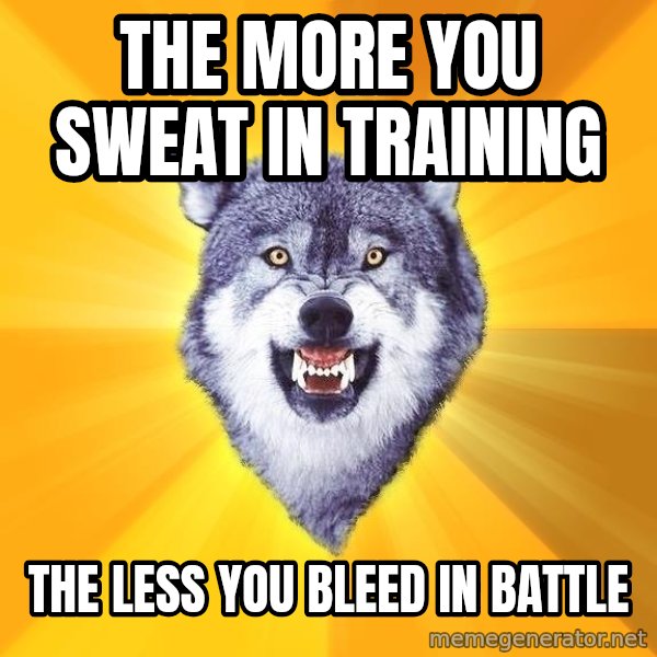 Courage Wolf meme: The more you sweat in training / the less you bleed in battle