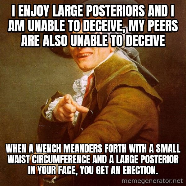 Joseph Ducreux meme: I enjoy large posteriors and I am unable to DECEIVE, MY PEERS ARE ALSO UNABLE TO DECEIVE / WHEN A WENCH MEANDERS FORTH WITH A SMALL WAIST CIRCUMFERENCE AND A LARGE POSTERIOR IN YOUR FACE, YOU GET AN ERECTION.