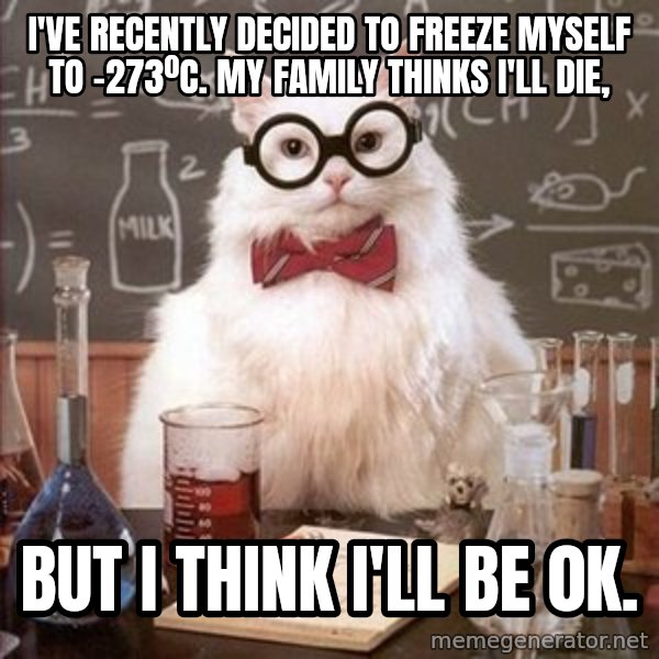 Chemistry Cat meme: I've recently decided to freeze myself to -273ºC. My family thinks I'll die, / but i think I'll be 0K.