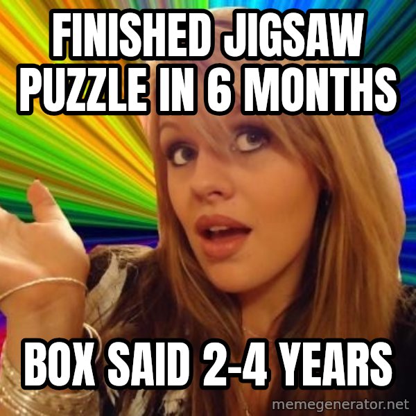 Dumb Blonde meme: finished jigsaw puzzle in 6 months / box said 2-4 years