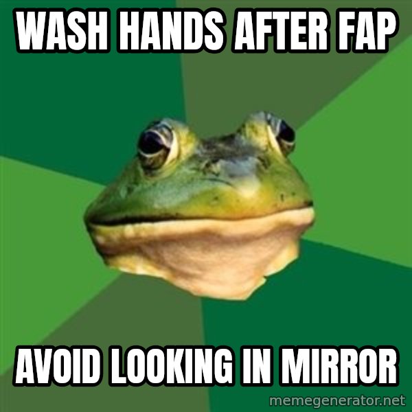 Foul Bachelor Frog meme: wash hands after fap / avoid looking in mirror