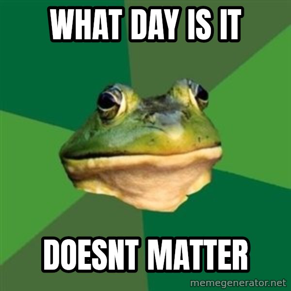 Foul Bachelor Frog meme: WHAT DAY IS IT / DOESNT MATTER