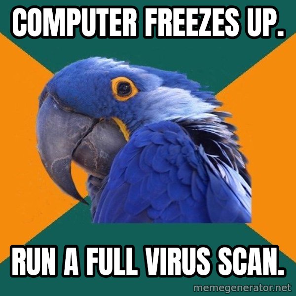 Paranoid Parrot meme: COMPUTER FREEZES UP. / RUN A FULL VIRUS SCAN.