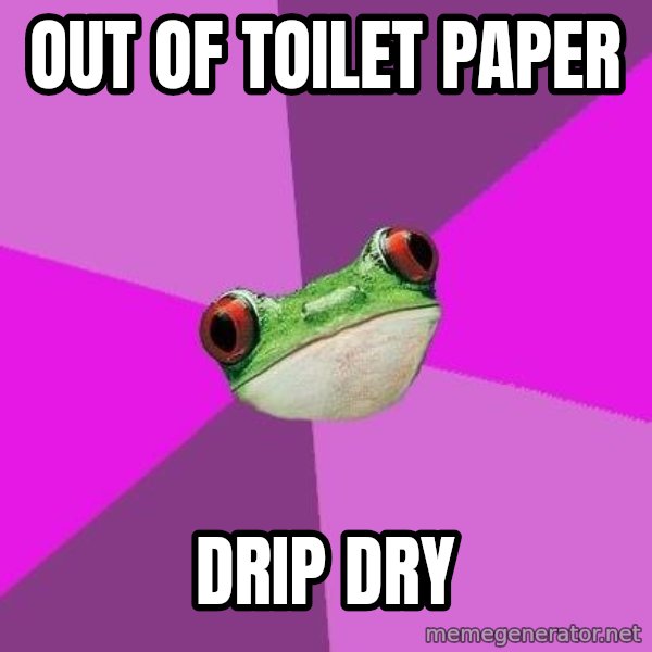Foul Bachelorette Frog meme: out of toilet paper / drip dry