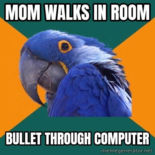 Paranoid Parrot meme: Mom walks in room / Bullet through computer
