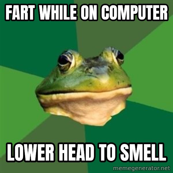 Foul Bachelor Frog meme: fart while on computer / lower head to smell