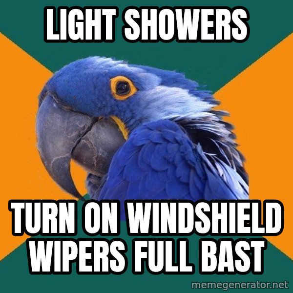 Paranoid Parrot meme: light showers / turn on windshield wipers full bast