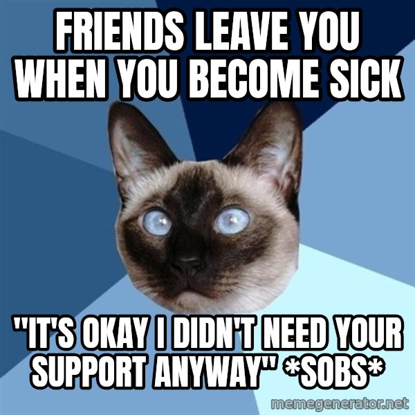 Chronic Illness Cat meme: Friends leave you when you become sick / "it's okay I didn't need your support anyway" *sobs*
