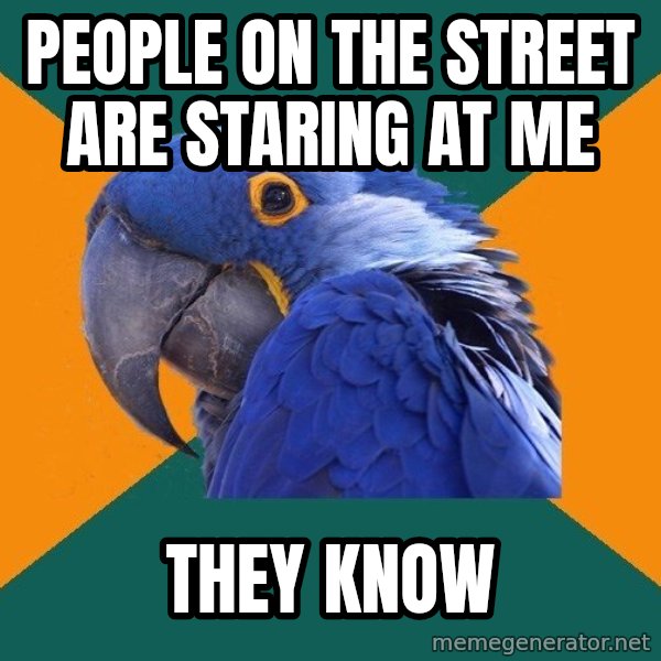 Paranoid Parrot meme: People on the street are staring at me / they know