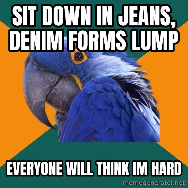 Paranoid Parrot meme: sit down in jeans, denim forms lump / everyone will think im hard