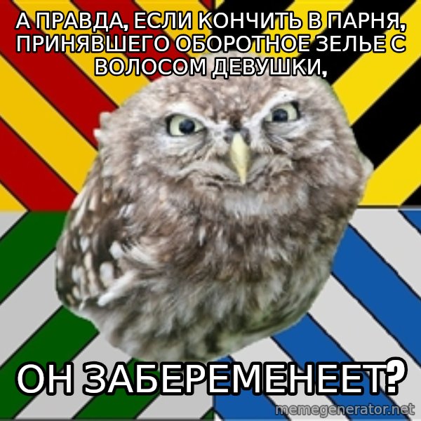 JEALOUS POTTEROMAN meme: А правда, если кончить в парня, принявшего оборотное зелье с волосом девушки, / он забеременеет?