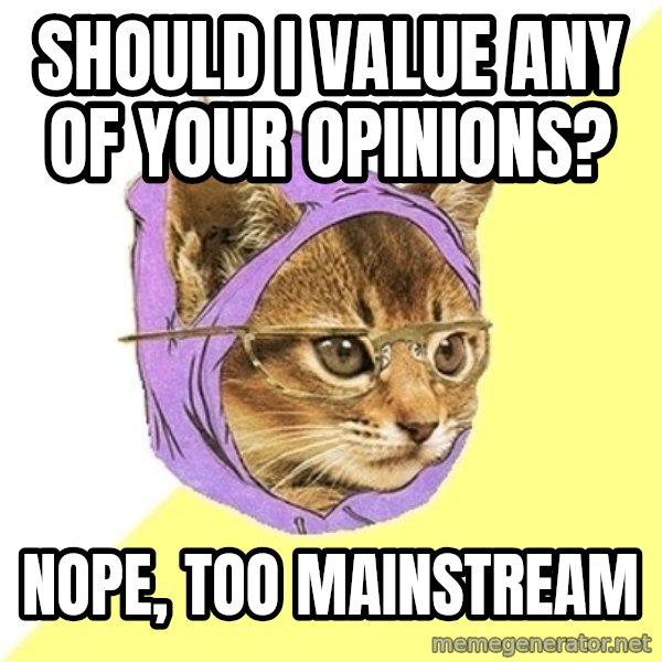 Hipster Kitty meme: should i value any of your opinions? / nope, too mainstream