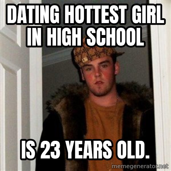 Scumbag Steve meme: Dating hottest girl in high school / Is 23 years old.