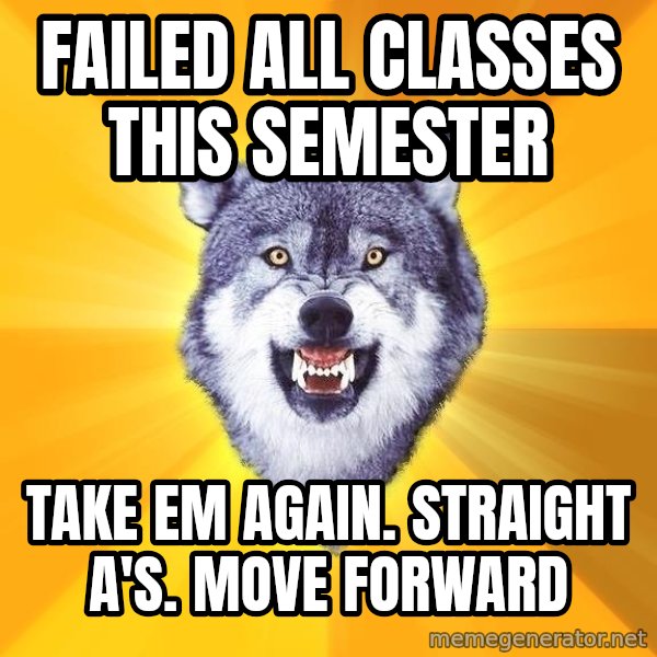 Courage Wolf meme: Failed all classes this semester / take em again. Straight A'S.  mOVE FORWARD
