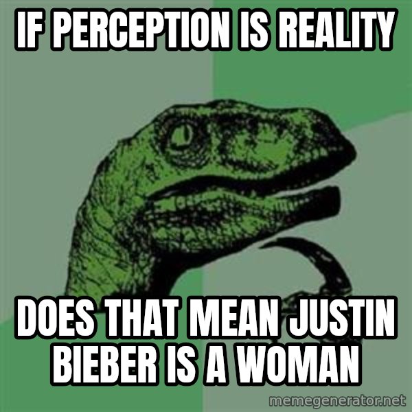 Philosoraptor meme: If perception is reality / does that mean justin bieber is a woman
