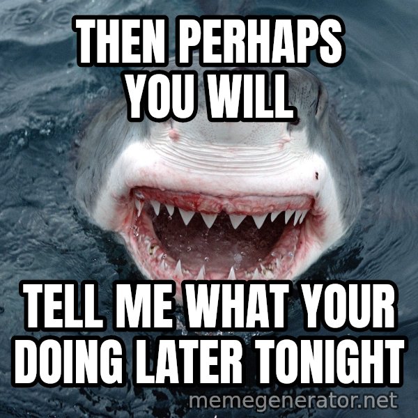 Insanity Shark meme: Then Perhaps You will / Tell me what your doing later tonight